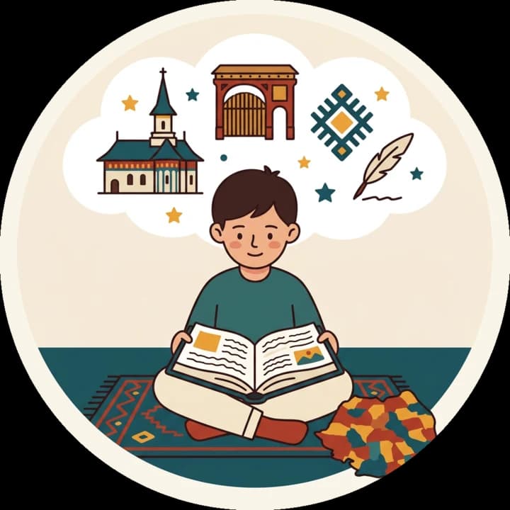 Un copil citește o carte, cu o hartă a României alături